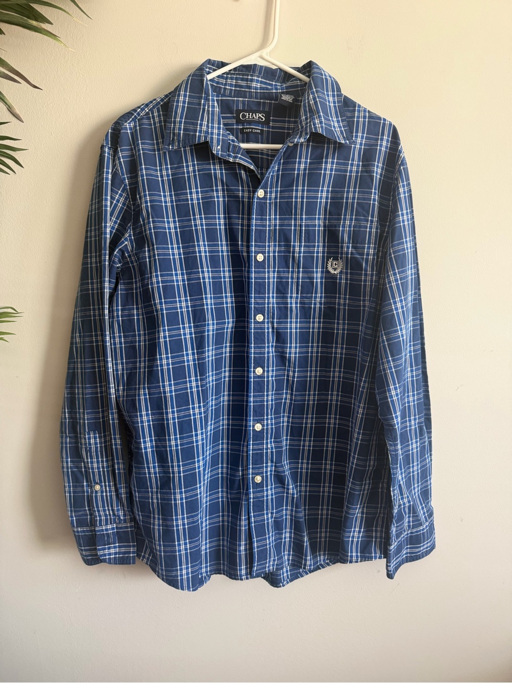 Chaps Blue and White Plaid Long-Sleeve Button-Down Shirt